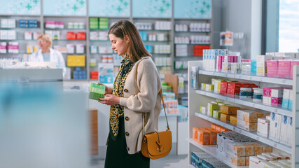 Pharmacy Drugstore: Portrait of Beautiful Young Woman Browsing to Buy Medicine, Drugs, Vitamins, Supplements. Chooses Right One. Pharma Store, Shelves full of Health Care, Beauty, Cosmetics Products