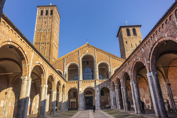 Fototapeta na wymiar Ancient basilica - church of Sant'Ambrogio (Basilica romana minore collegiata abbaziale prepositurale di Sant'Ambrogio, 1099) in Milan, Italy.