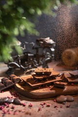 Raw vegan handmade dark Chocolate with dried fruits and berries, wooden rustic table, dark background.  Homemade healthy dessert. Copy space.