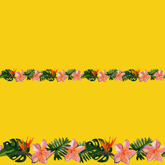 Seamless border of Tropical Hawaii leaves and flowers isolated on yellow for duct tape, adhesive tape, ribbons, fabric trim, footer, letterhead. Gouache hand drawn illustrati © Olena
