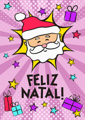 Portuguese Merry Christmas pop art banner with Santa Claus. Comic greeting card for Portugal with Merry Christmas, gifts and stars. Vector illustration. Translation: Merry Christmas