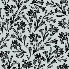 Seamless floral vector pattern. Classic black drawing of iris on gray background