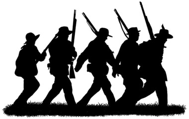 group of american civil war soldiers silhouettes in black on white background vector graphic