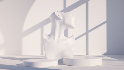 Mannequin earring Jewelry necklace display stand. Female Bust model and podium. Jewelry showcase white background. 3d rendering.