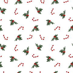 seamless pattern with Christmas candies and twigs with berries on a white background. print for the design of wrapping paper for gifts, fabrics, cards, posters.