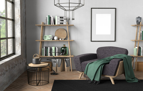 Scandinavian, loft style interior with grey armchair and wooden bookshelves, poster frame mockup with matboard
