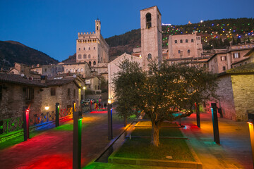 Wonderful medieval town of Umbria Region, during the Christmas holidays. Here in particular the Piazza San Giovanni square in the night with colored illuminations