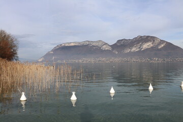 Le lac d'Annecy entouré de montagnes sous un ciel nuageux, ville de Annecy, département de Haute Savoie, France
