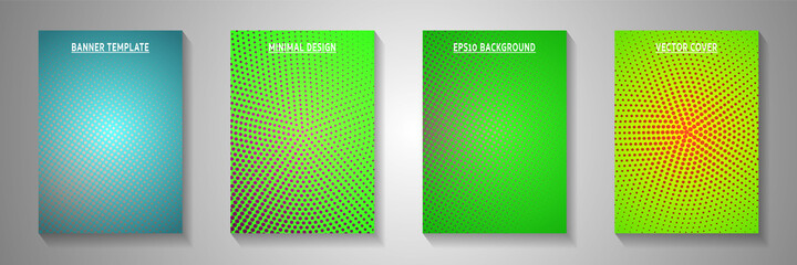 Futuristic point perforated halftone title page templates vector batch. Scientific brochure faded