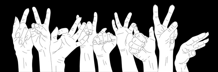 Set of 10 different gestures. Outline hands raised up. Woman's and men's hands.