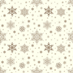 Beautiful seamless pattern for Merry Christmas and New Year. Ecru background with brown snowflakes. 