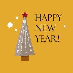 New Year card with a Christmas tree on a yellow background. holiday greeting picture in doodle style with text. print for the design of cards, gifts, prints for t-shirts.