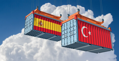 Freight containers with Turkey and Spain national flags. 3D Rendering 