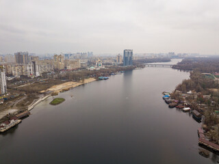 Naklejka premium Aerial drone view. Bank of the Dnieper River in Kiev.