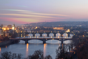 .view of the Vltava river and the bridges on it between the bridges and the Charles Bridge and the...