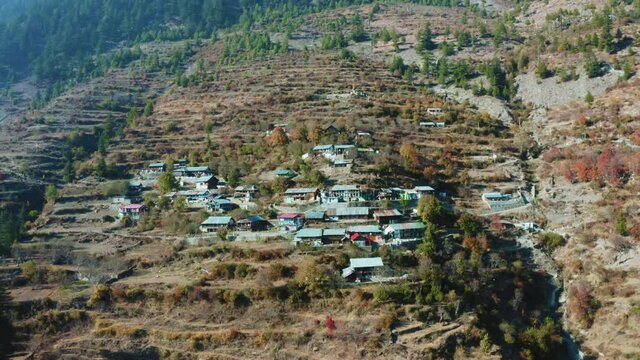 
Hut row houses built on hills in the Himalayas mountain slopes surrounded by green pine forests. Terrace Mountain.Aerial View in 4K at Harsil,Uttarakhand. Untouched places of India.