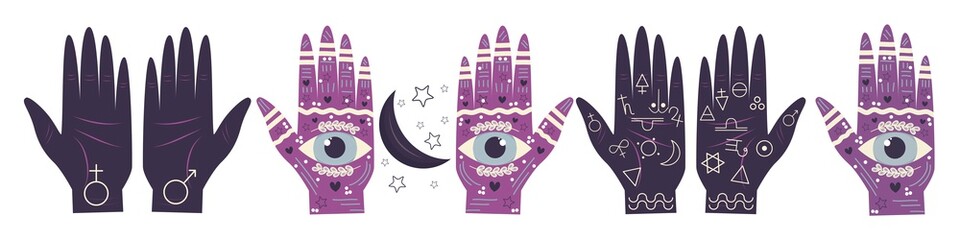 Palm reading set isolated on white background. Ethnic patterns and symbols, moon and eye in the center to see the future. Vector illustration for palmistry..