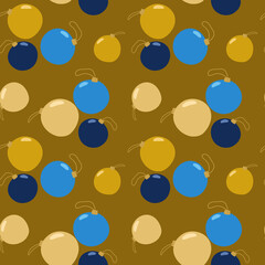 Seamless pattern with christmas balls on brown background. Perfect for christmas invitations, winter greeting cards, wallpaper and gift paper. Vector illustration in flat style