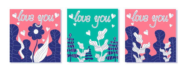 A set of greeting cards for Valentine's Day isolated on a white background. Square greeting cards with the inscription love you in Scandinavian style for February 14-Valentine's Day..