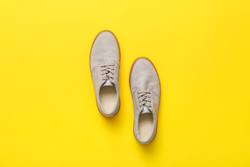 Casual male shoes on color background