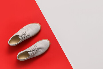 Casual male shoes on color background
