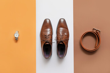 Classic leather male shoes on color background - obrazy, fototapety, plakaty