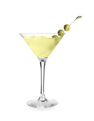 Glass of tasty martini with olives on white background