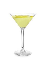 Glass of tasty martini on white background
