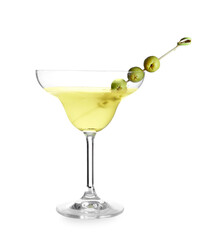 Glass of tasty martini with olives on white background