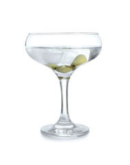 Glass of tasty martini with olives on white background