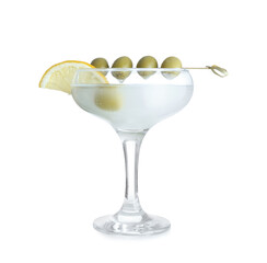 Glass of tasty martini with olives and lemon on white background
