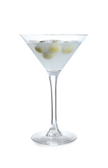 Glass of tasty martini with olives on white background