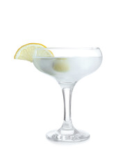 Glass of tasty martini on white background