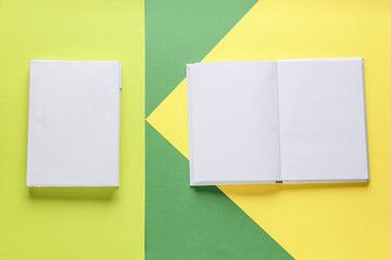 Blank books on color background
