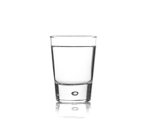 Glass tumbler filled with water isolated on white with reflection