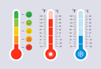 Celsius and Fahrenheit thermometers. Vector.
