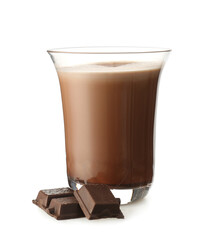 Glass of tasty chocolate milk on white background