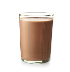 Glass of tasty chocolate milk on white background