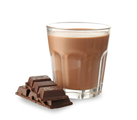 Glass of tasty chocolate milk on white background