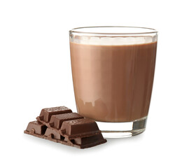 Glass of tasty chocolate milk on white background