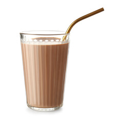 Glass of tasty chocolate milk on white background
