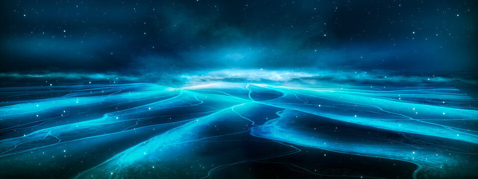 Night fantasy landscape, frozen cracked ice, starry sky. Reflection of moonlight on ice, fog. 3D illustration.