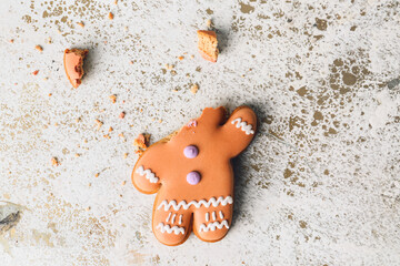 Broken gingerbread cookie on white background