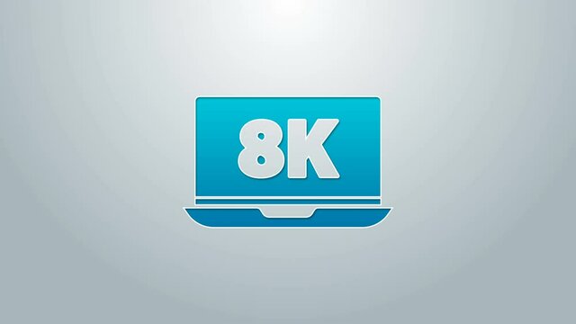 Blue line Laptop screen with 8k video technology icon isolated on grey background. 4K Video motion graphic animation