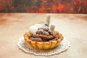 front view little delicious cake with cream on light background pie cake sweet dessert