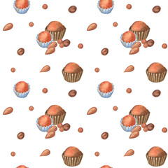 Seamless pattern with chocolate truffles, chocolate beans and almond nuts on white isolated background. Watercolor hand-drawn illustration. Sweet and cute drawing.