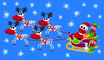 Vector Christmas illustration of skeleton Santa Claus and elves with face masks on the sleigh pulled by skeleton reindeers with face masks 