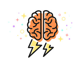 Human brain and lightning bolt icon for brainstorming techniques to generate creative ideas. Flat filled outline style. Editable vector.

