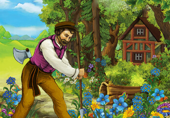 cartoon scene with farmer in the forest illustration