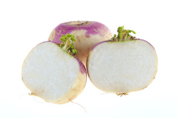 freshly harvested spring turnips (Brassica rapa) on a white background Indian turnips